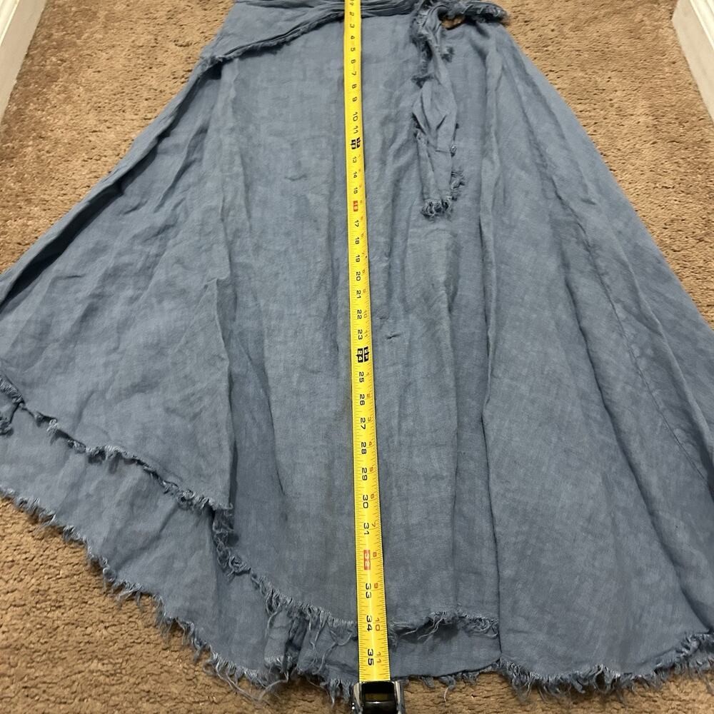 Tempo Paris M Blue 100% Linen Asymmetrical Raw Hem Faux Wrap Skirt Beach - Picture 2 of 7